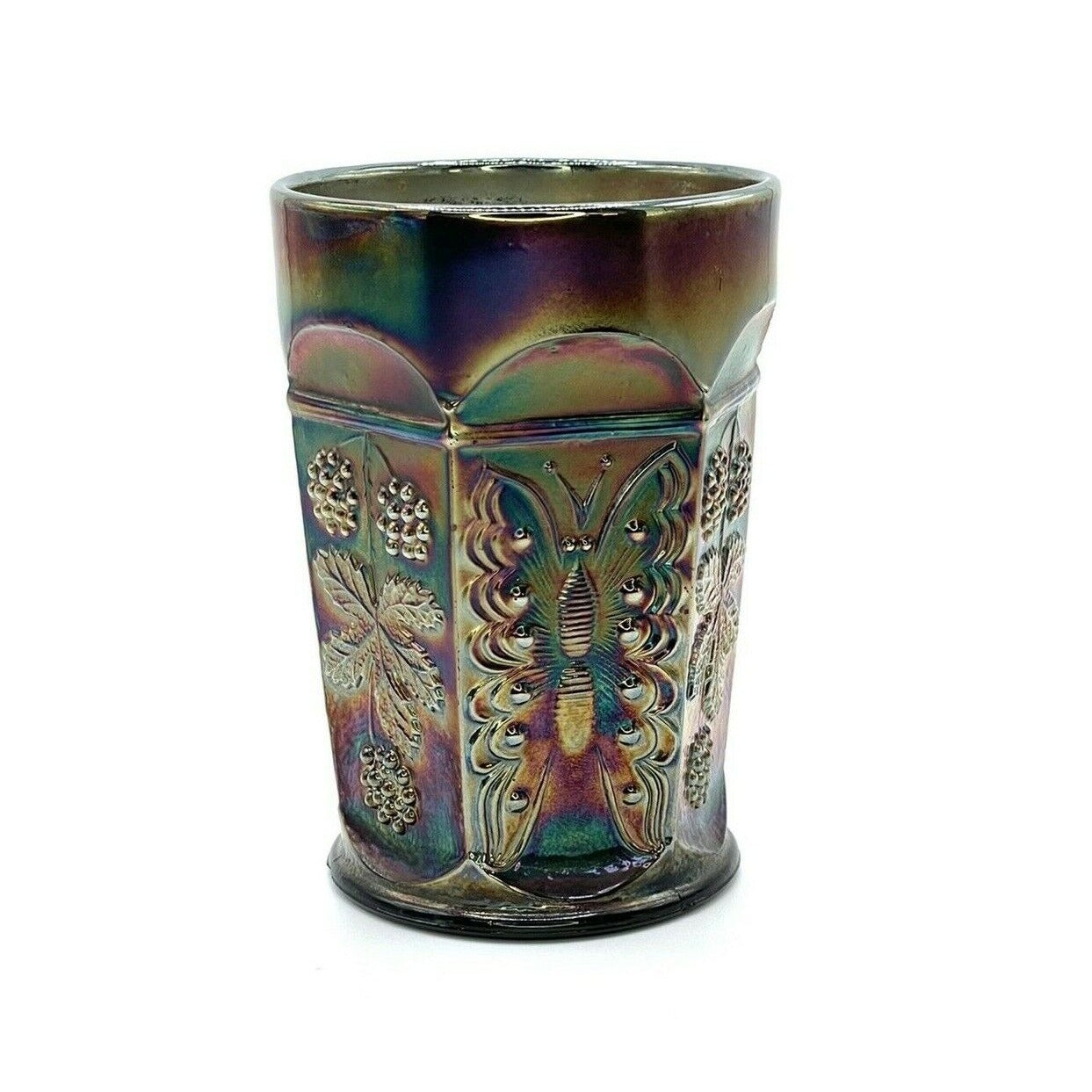 Vintage Carnival Glass Tumbler Cobalt Blue With Butterfly & Berry Design