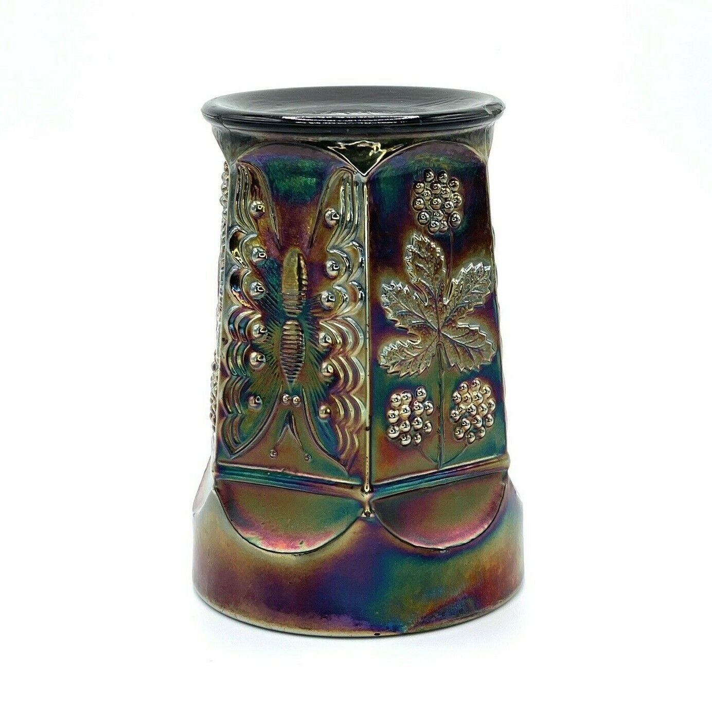 Vintage Carnival Glass Tumbler Cobalt Blue With Butterfly & Berry Design