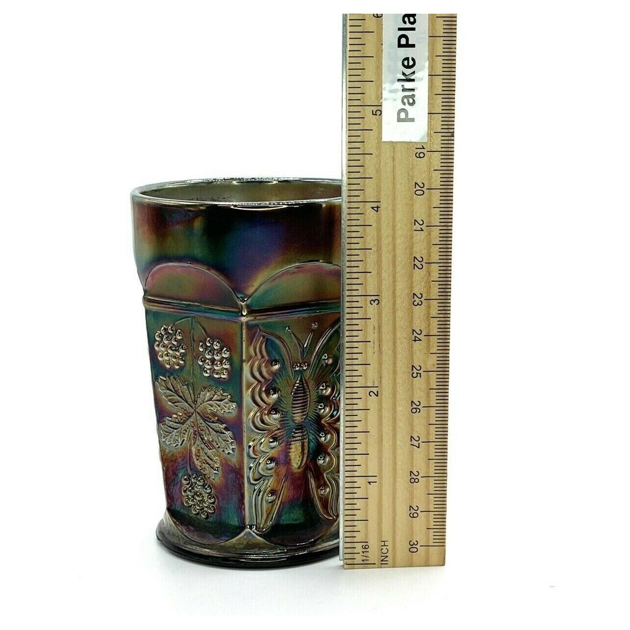 Vintage Carnival Glass Tumbler Cobalt Blue With Butterfly & Berry Design