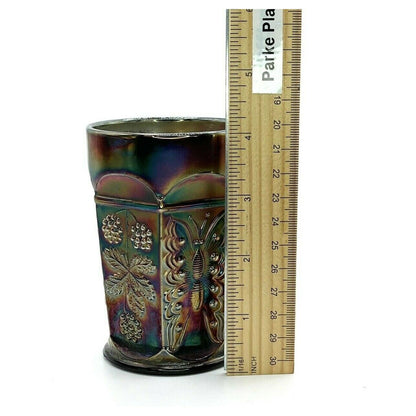 Vintage Carnival Glass Tumbler Cobalt Blue With Butterfly & Berry Design