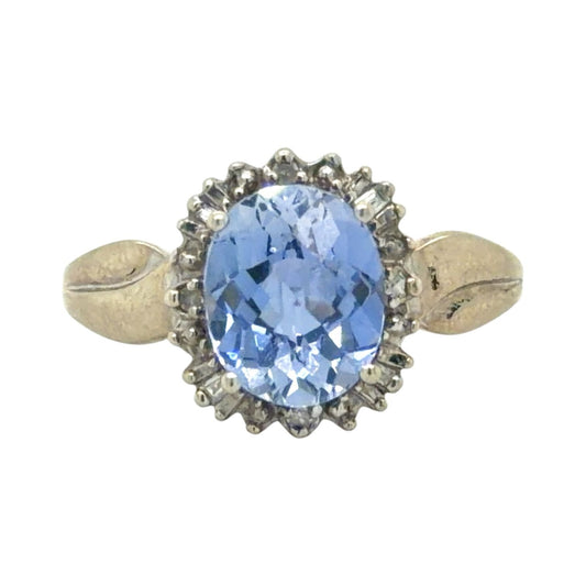 Sapphire Solitaire & Diamonds 10K White Gold Ring 3.5g Size 10.5