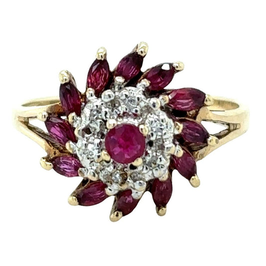 Ruby & Diamond Ring 10K Yellow Gold 2.7g Marquise & Round Design Size 6
