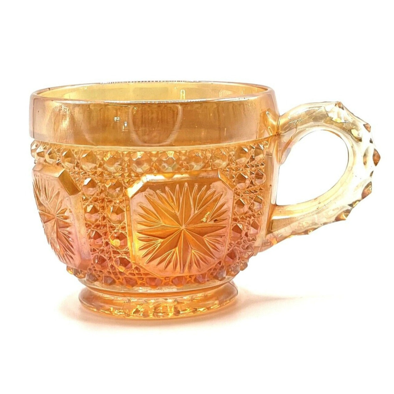 Vintage Carnival Glass Cup Iridescent Marigold  Star Pattern