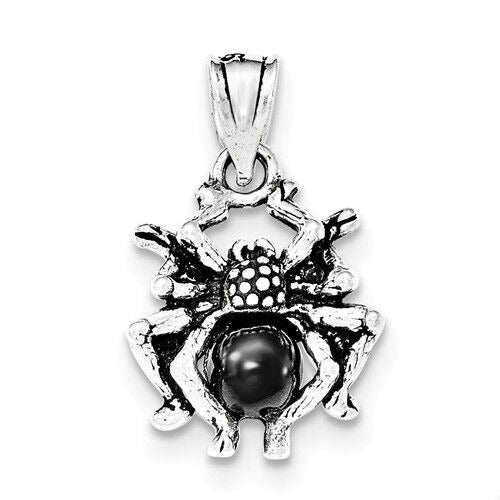 Antiqued Sterling Silver Spider Pendant  Black Glass Centerpiece
