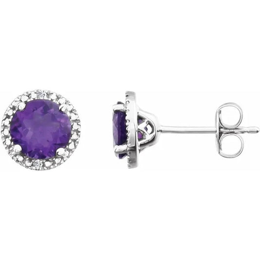 Sterling Silver Natural Amethyst & Diamond Halo Stud Earrings