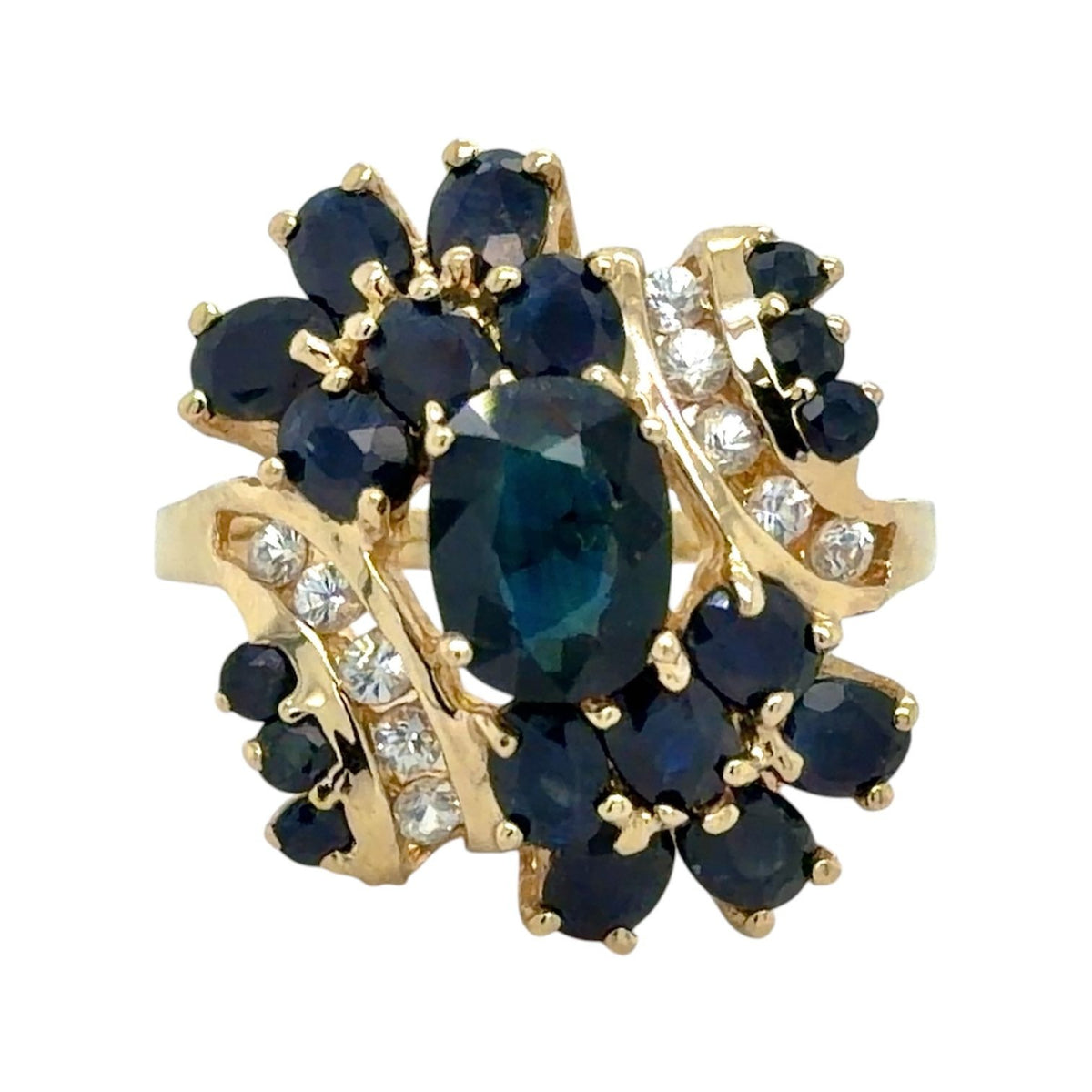 4 1/4ctw Blue & White Sapphires 14k Yellow Gold Cluster Ring 5.6g Size 8
