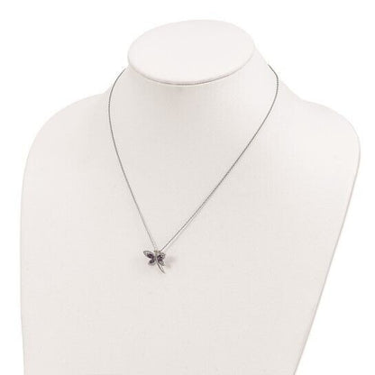 Sterling Silver Rhodium Birthstone Amethyst Iolite Diamond Dragonfly Necklace