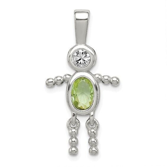 Sterling Silver Rhodium-plated CZ and Birthstone Green August Glass Boy Pendant