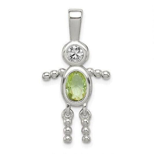 Sterling Silver Rhodium-plated CZ and Birthstone Green August Glass Boy Pendant