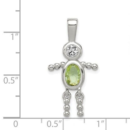 Sterling Silver Rhodium-plated CZ and Birthstone Green August Glass Boy Pendant