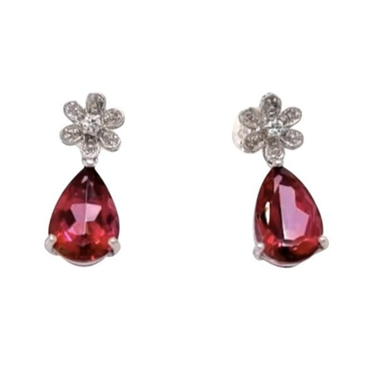 14k White Gold Pear Cut Imitation Pink Sapphire &  Diamond Earrings 3.7