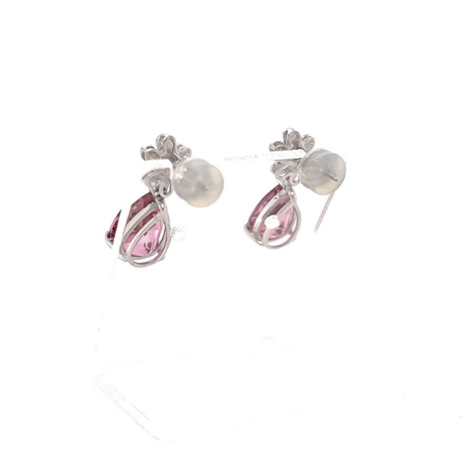 14k White Gold Pear Cut Imitation Pink Sapphire &  Diamond Earrings 3.7