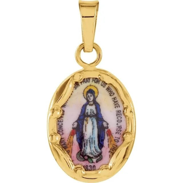 14K Yellow Gold Oval Hand-Painted Porcelain Miraculous Medal Pendant 13x10 MM