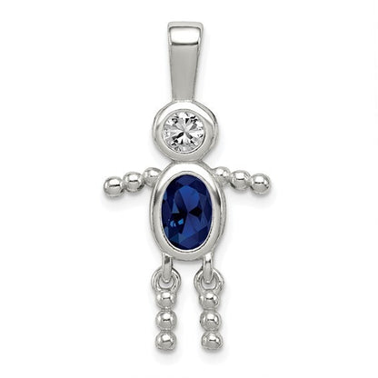 Sterling Silver Rhodium-Plated September Boy Pendant With CZ & Blue Glass Birthstone 925 Silver