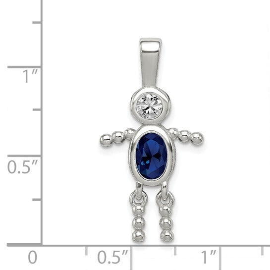 Sterling Silver Rhodium-Plated September Boy Pendant With CZ & Blue Glass Birthstone 925 Silver