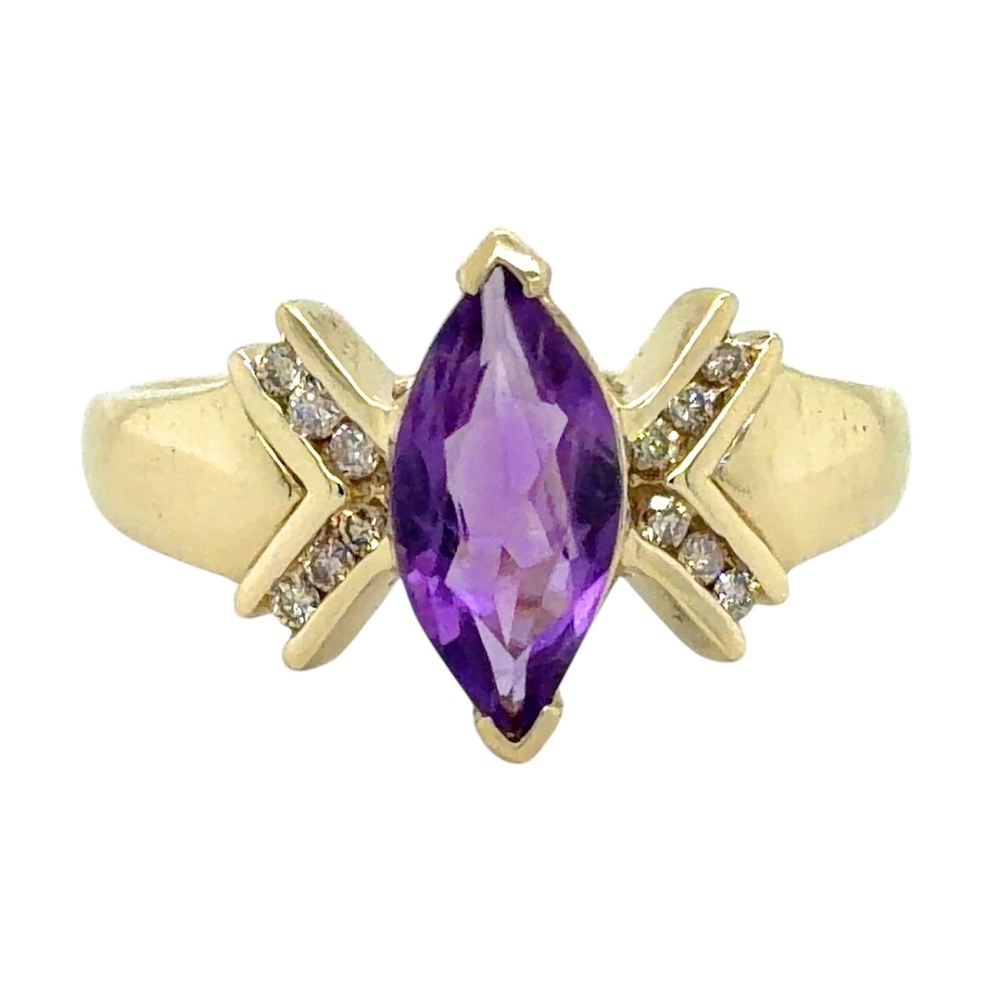Amethyst & Diamond 10k Yellow Gold Ring 3.7g Marquise Cut Size 9.75