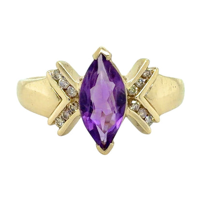 Amethyst & Diamond 10k Yellow Gold Ring 3.7g Marquise Cut Size 9.75