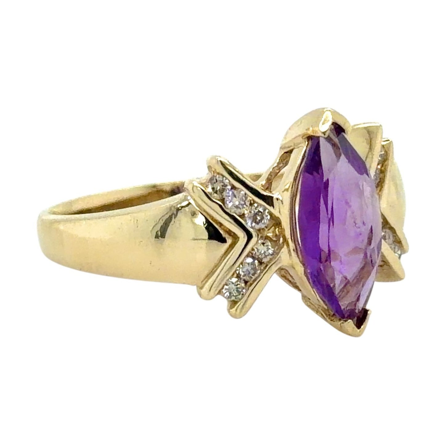 Amethyst & Diamond 10k Yellow Gold Ring 3.7g Marquise Cut Size 9.75