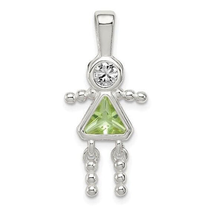 Sterling Silver Rhodium-plated CZ and Birthstone Green August Glass Girl Pendant