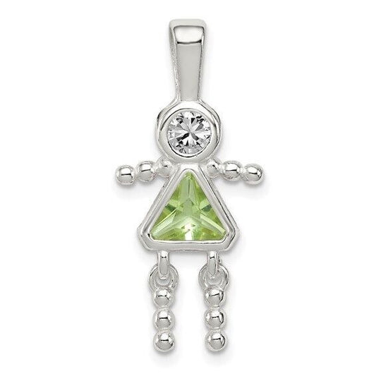 Sterling Silver Rhodium-plated CZ and Birthstone Green August Glass Girl Pendant