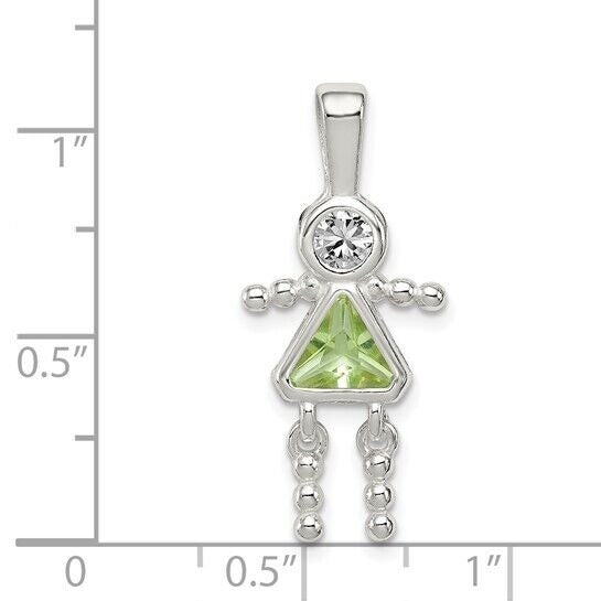 Sterling Silver Rhodium-plated CZ and Birthstone Green August Glass Girl Pendant
