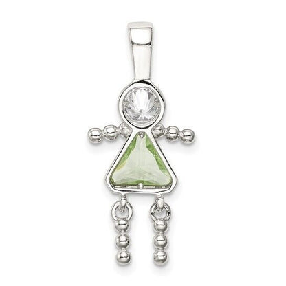 Sterling Silver Rhodium-plated CZ and Birthstone Green August Glass Girl Pendant