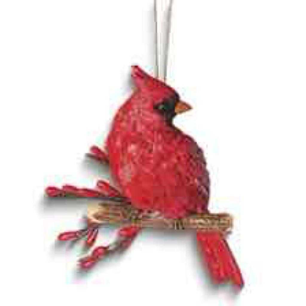 Christmas Cardinal Resin Ornament On Branch 4.25" Tall Red & Black Holiday Decoration