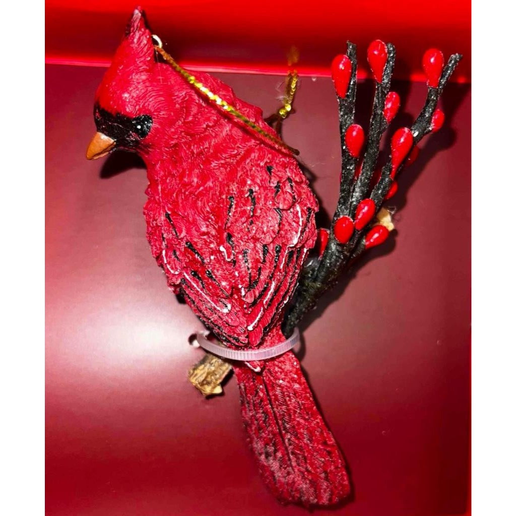Christmas Cardinal Resin Ornament On Branch 4.25" Tall Red & Black Holiday Decoration