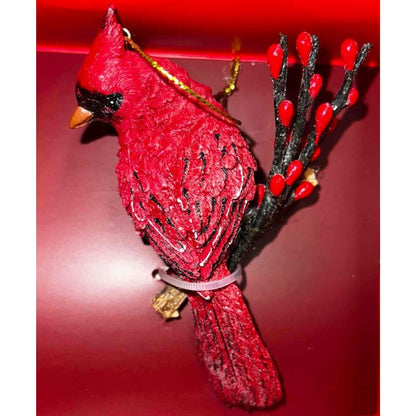 Christmas Cardinal Resin Ornament On Branch 4.25" Tall Red & Black Holiday Decoration