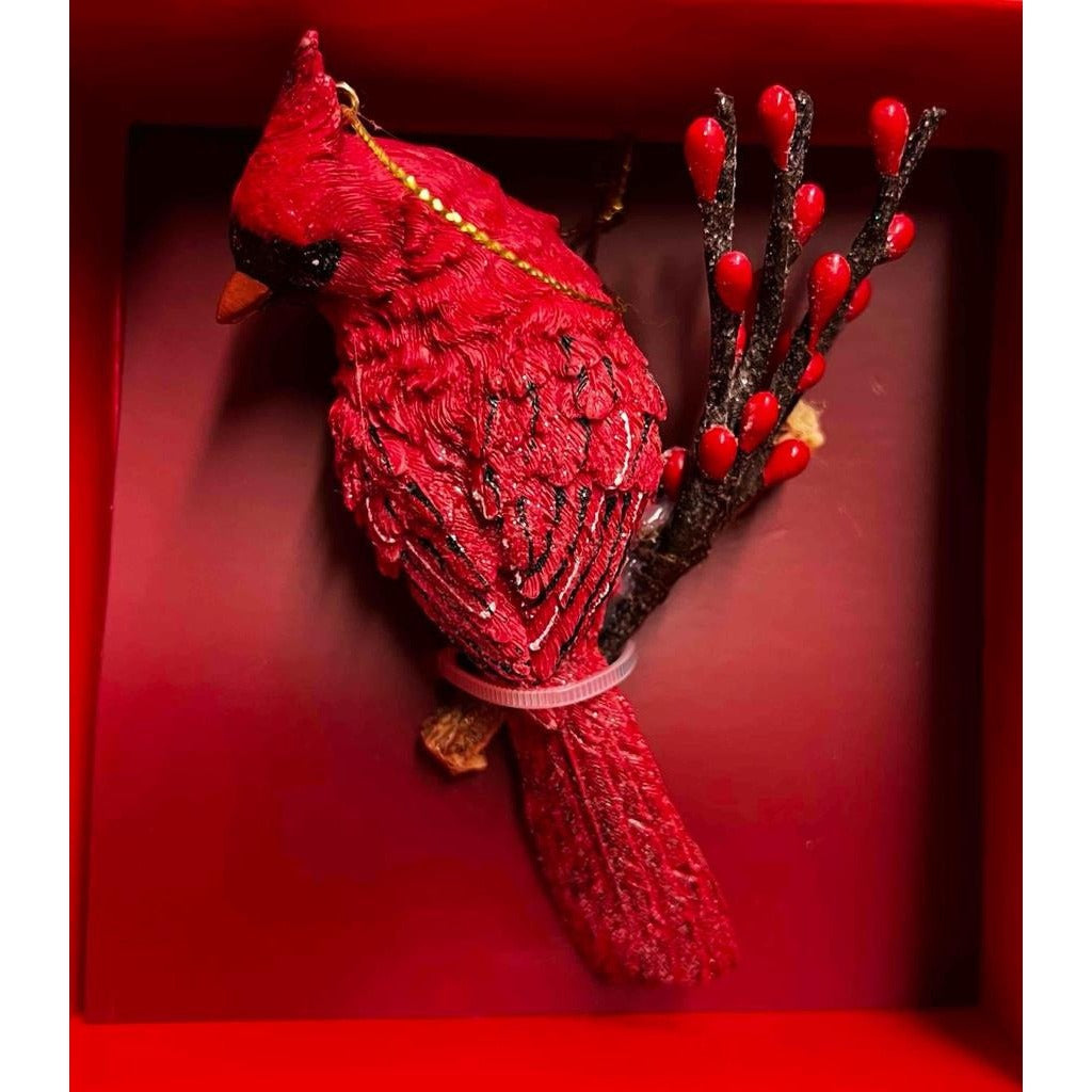 Christmas Cardinal Resin Ornament On Branch 4.25" Tall Red & Black Holiday Decoration