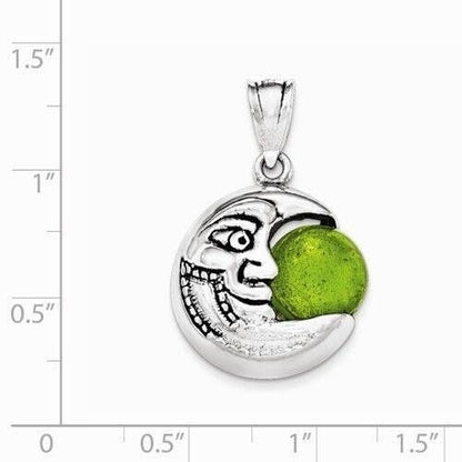 Antiqued Half Moon Face Pendant Green Glass Bead Sterling Silver
