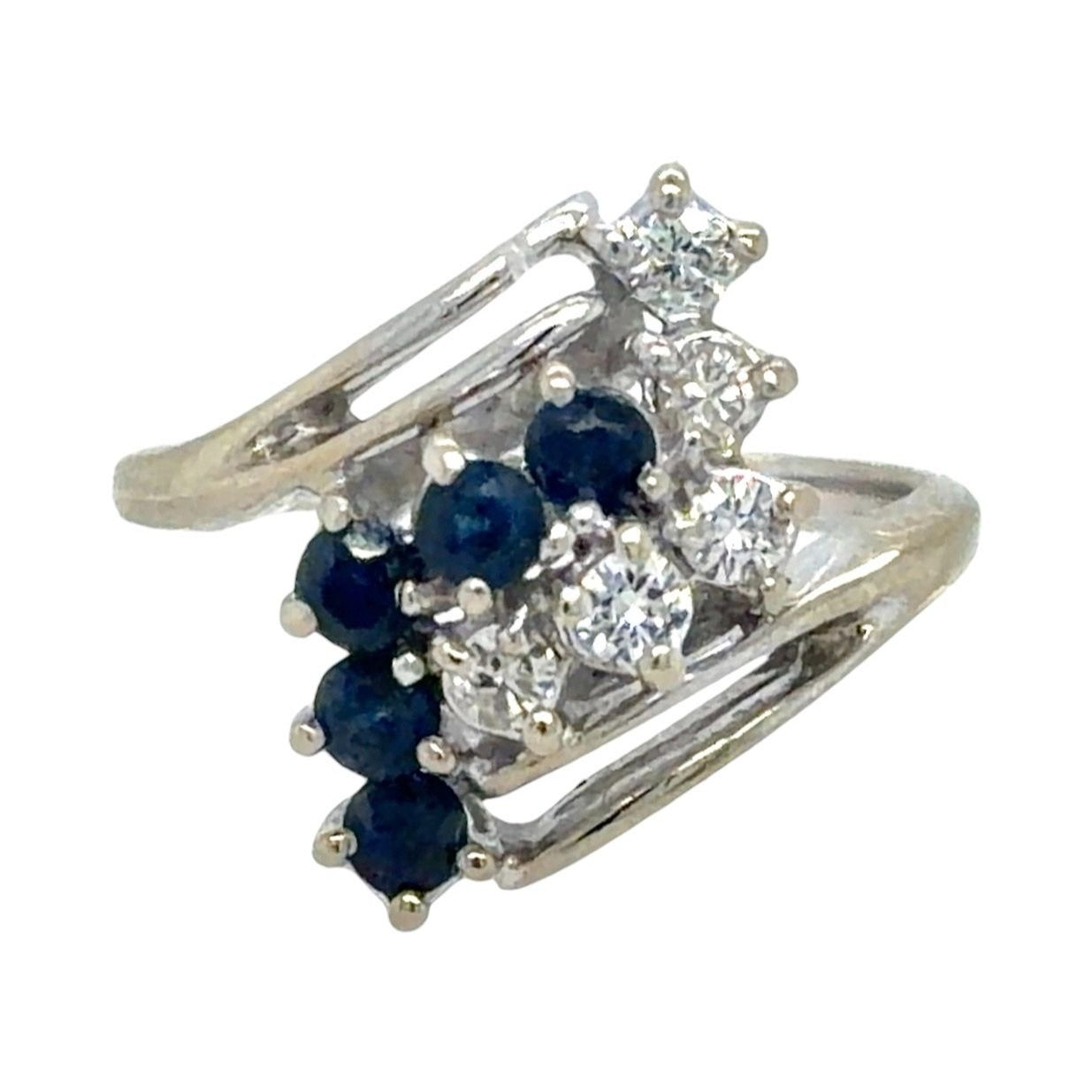 Sapphire & 1/7ct Diamond Cocktail 14K White Gold Ring 3.2g Size 2.75