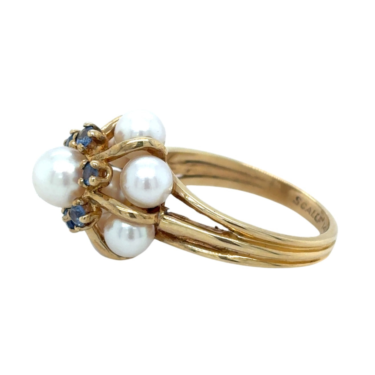 14k Yellow Gold Pearl with Sapphire Accents Cocktail Ring 5.8g Size 6.75