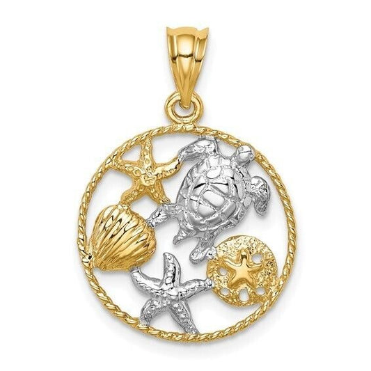 14K Yellow Gold & Rhodium Sea Life Pendant With Turtle Starfish & Shell Design 25mm