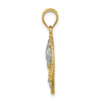 14K Yellow Gold & Rhodium Sea Life Pendant With Turtle Starfish & Shell Design 25mm