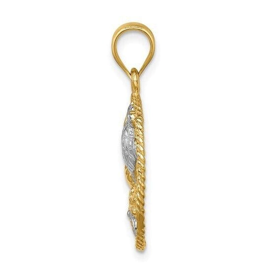 14K Yellow Gold & Rhodium Sea Life Pendant With Turtle Starfish & Shell Design 25mm