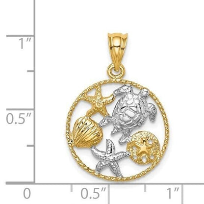 14K Yellow Gold & Rhodium Sea Life Pendant With Turtle Starfish & Shell Design 25mm