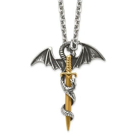 Stainless Steel Dragon & Sword Pendant Necklace Gold-Tone Details On 24" Chain