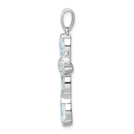 Sterling Silver Rhodium-Plated Aquamarine & Diamond Cross Pendant