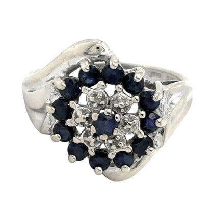 Diamond & Sapphire Cluster 10k White Gold Ring 3.8g Size 6.75