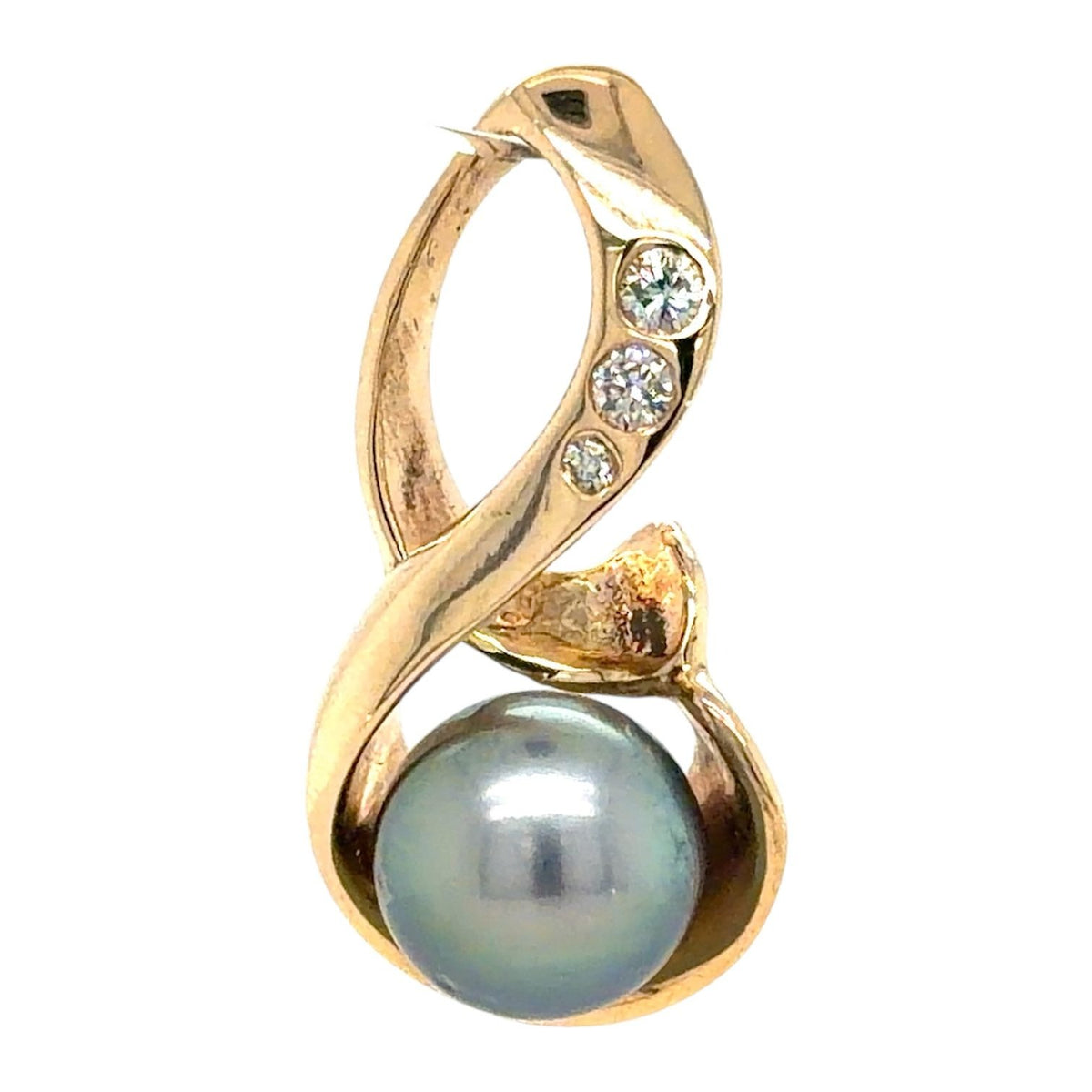8.4mm Black Pearl & Diamonds 14k Yellow Gold Pendant 4.2g