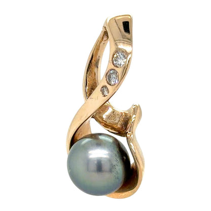 8.4mm Black Pearl & Diamonds 14k Yellow Gold Pendant 4.2g