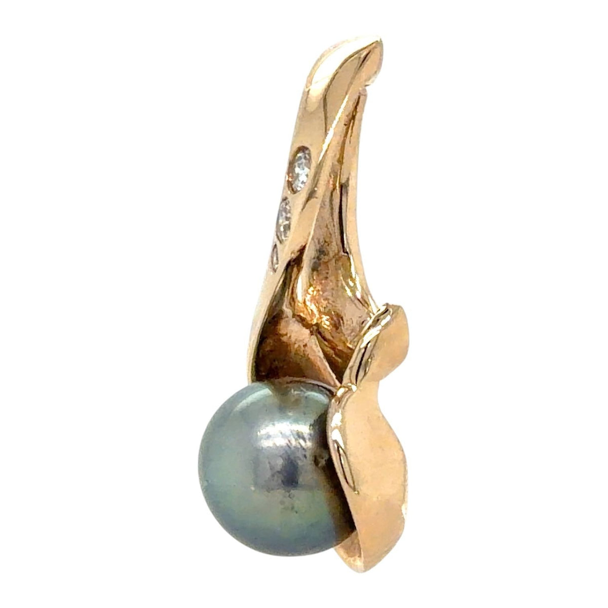 8.4mm Black Pearl & Diamonds 14k Yellow Gold Pendant 4.2g