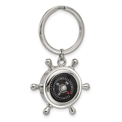 Nickel-Plated Compass and Ships Wheel Key Ring