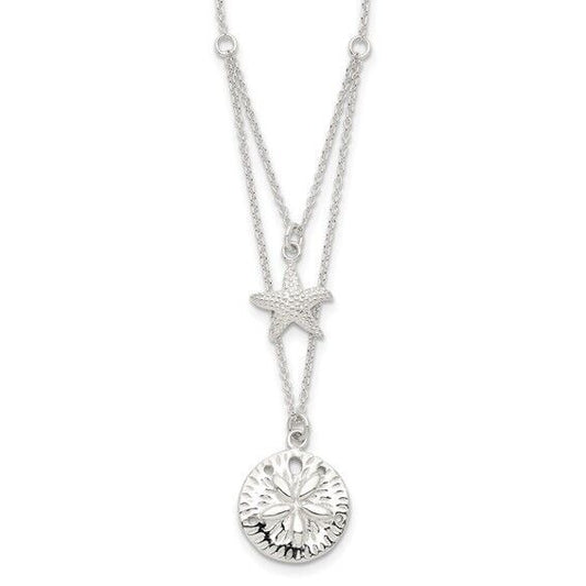 Sterling Silver Starfish & Sand Dollar 18 Inch 2-Strand Necklace