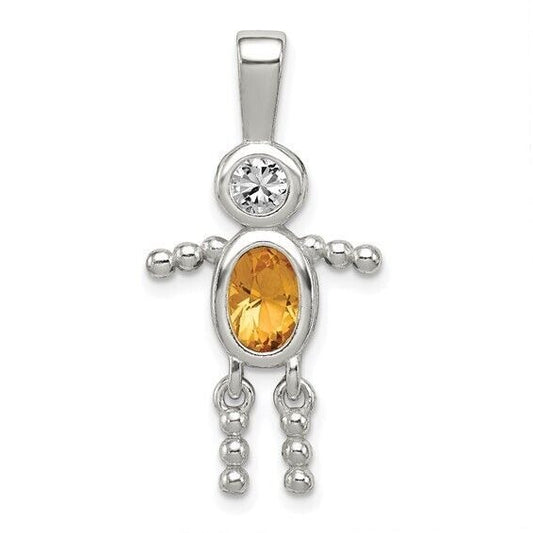 Sterling Silver Rhodium CZ and Birthstone Yellow November Glass Boy Pendant