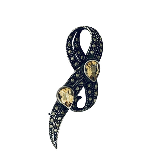 Vintage Marcasite & Citrine Pin .925 Sterling Silver 8.3g Ribbon Design
