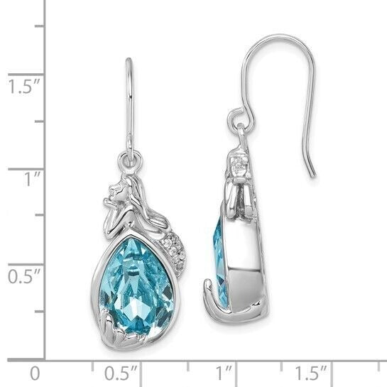 Sterling Silver Polished Blue Crystal Mermaid Dangle Earrings