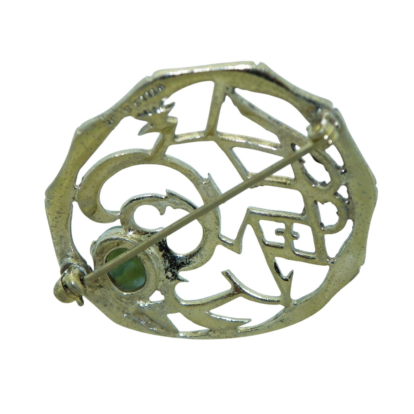 Vintage Sterling Silver & Green Jade Brooch Pin 925  7.5g