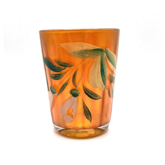 Vintage Carnival Glass Tumbler Marigold Orange Hand-Painted Floral Design 4"